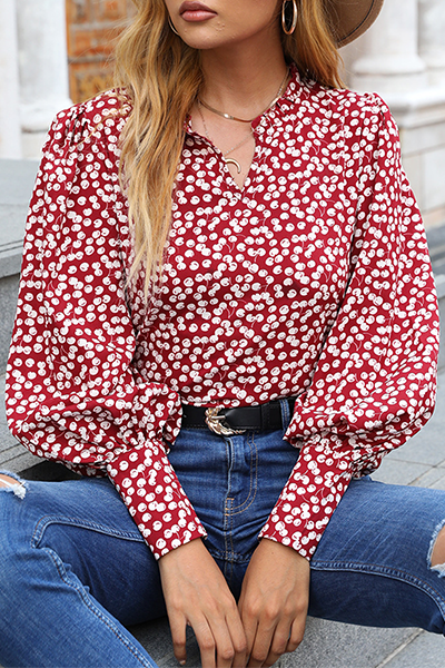 Elegant Print Split Joint V Neck Tops