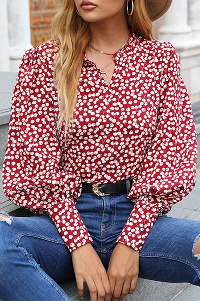 Elegant Print Split Joint V Neck Tops