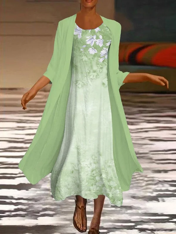 Floral Printed Flowy Maxi Dress With Cardigan Set Of 2