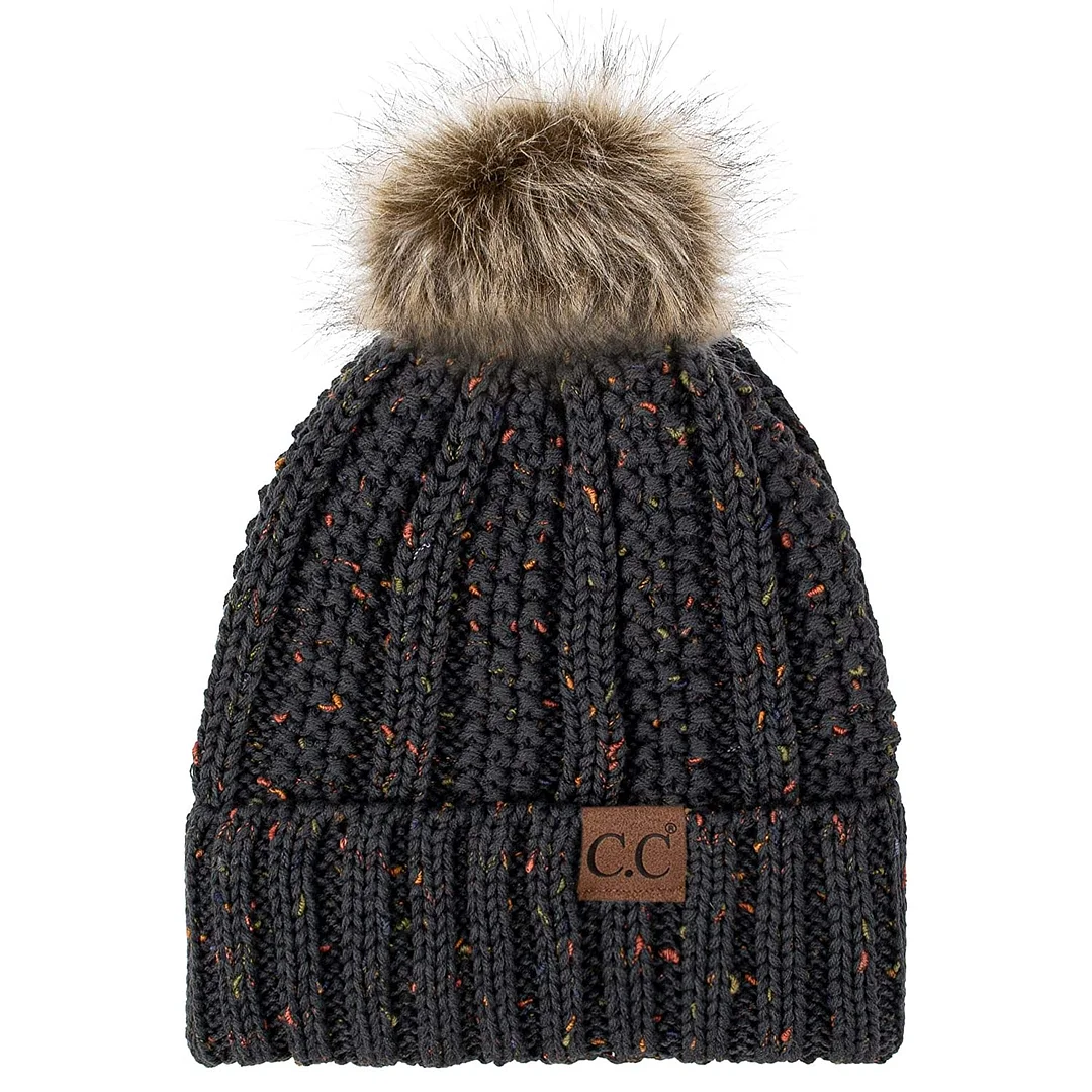 Fuzzy Lined Knit Fur Pom Beanie Hat (YJ-820)