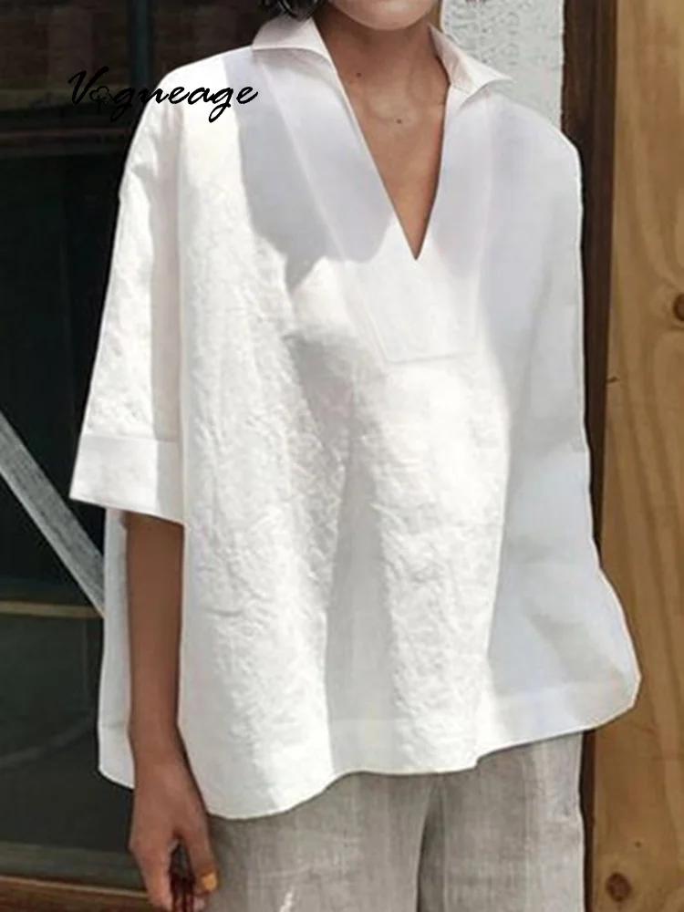 V-Neck All-Match Solid Color Loose Mid-Sleeve Cotton And Linen Shirt