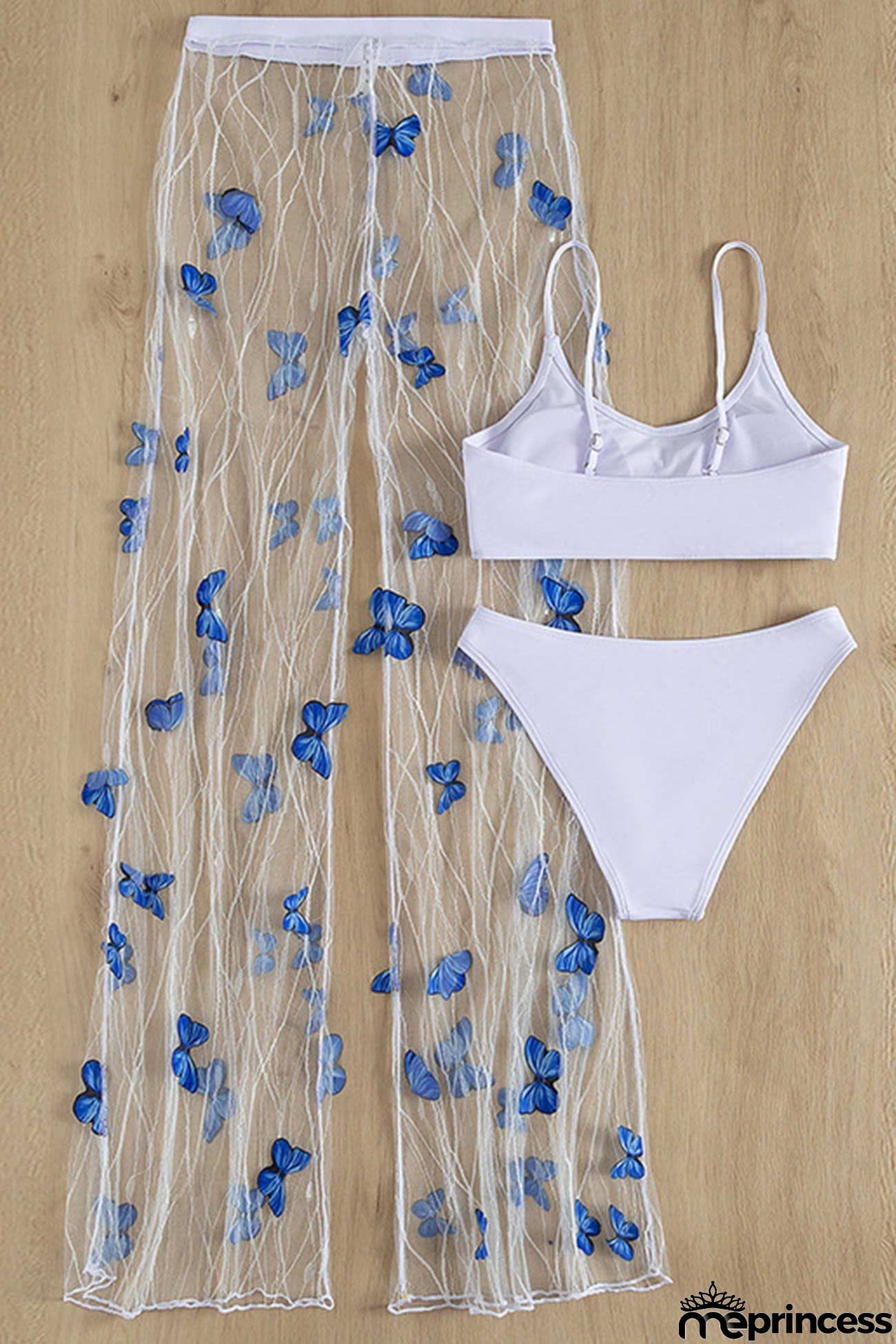 White Vest Mesh Butterfly Long Pants Three-piece Outfit