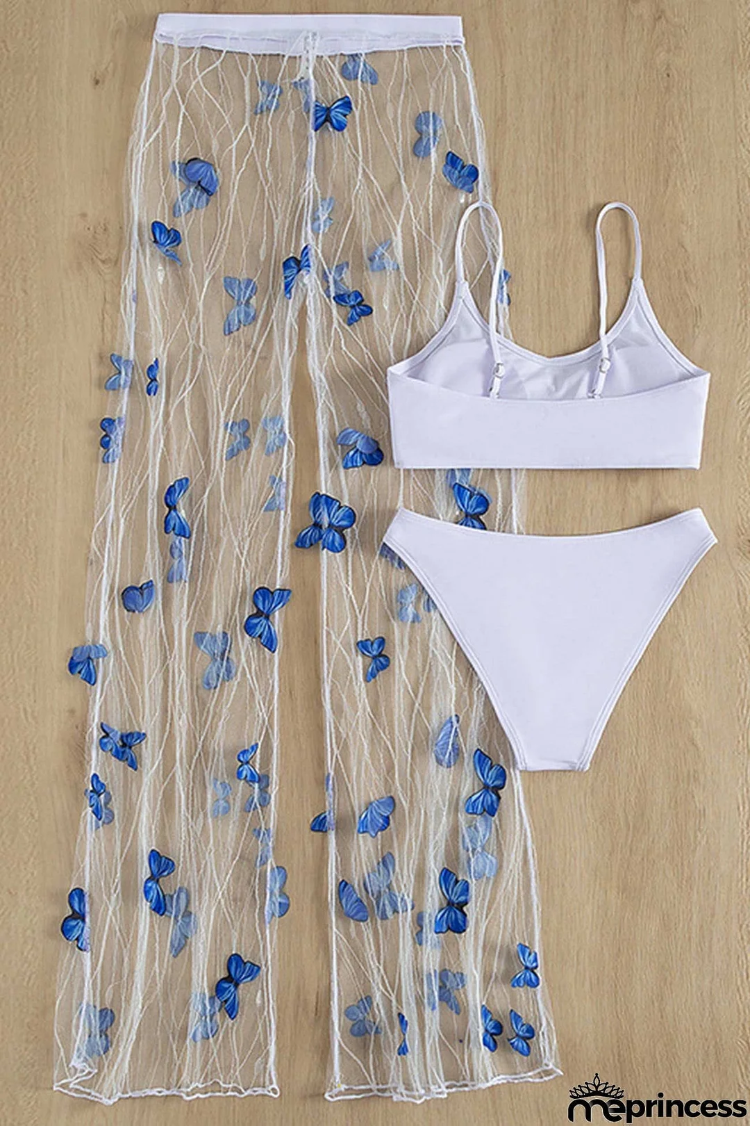 White Vest Mesh Butterfly Long Pants Three-piece Outfit