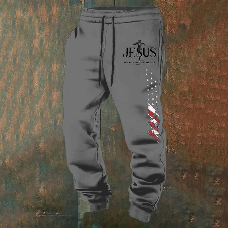 Comstylish Men's Casual Vintage Art Cross Faith Jesus Sweatpants