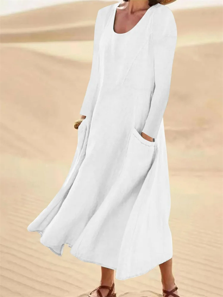 VChics Deep Pockets Flowy Linen Cotton Maxi Dress