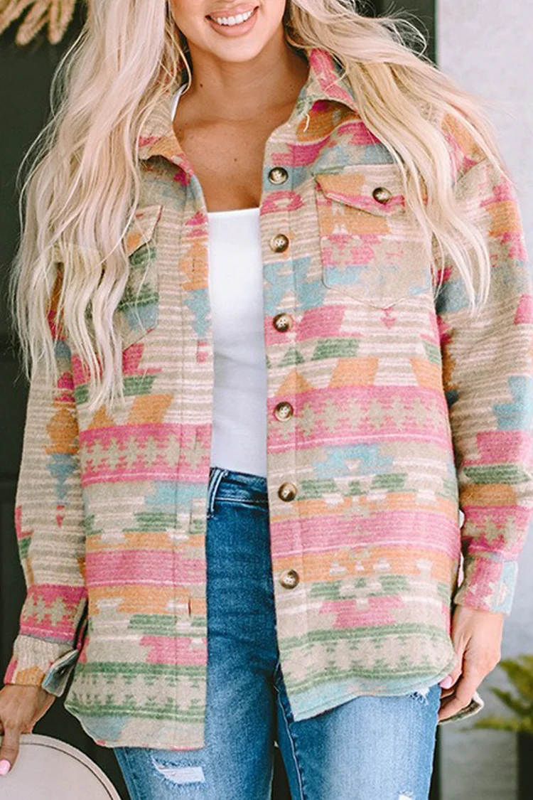 Plus Size Casual Pink Western Retro Tribal Print Single Breasted Turndown Collar Coat