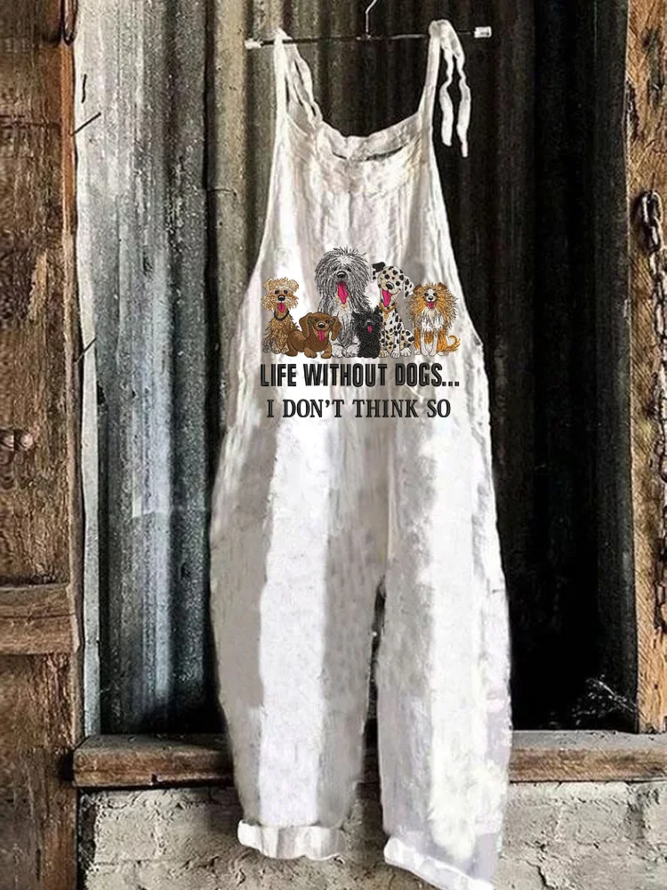Life Without Dogs Embroidery Pattern Linen Blend Jumpsuit