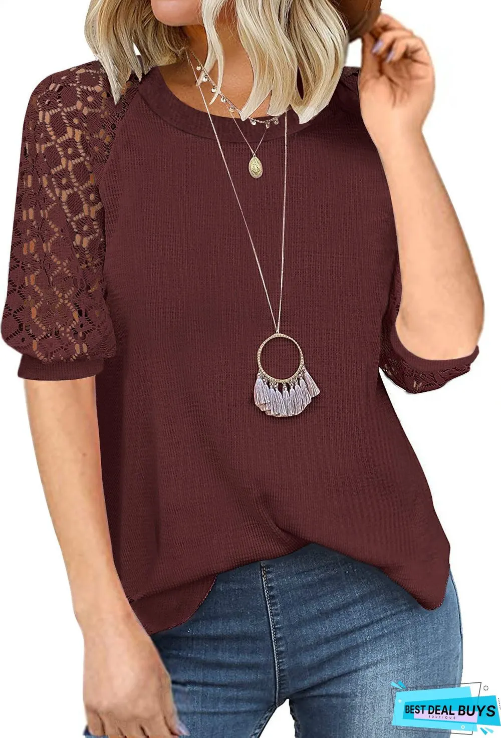 Women T-shirt Lace Stitching Pullover Round Neck Short-sleeved Top