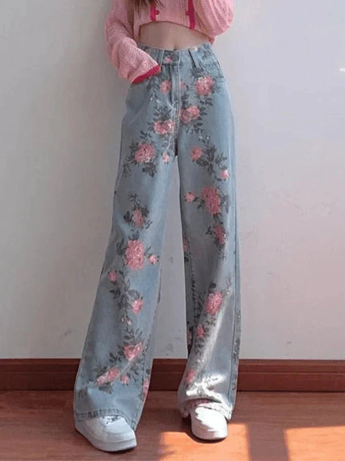 Brownm High Waisted Floral Boyfriend Jeans