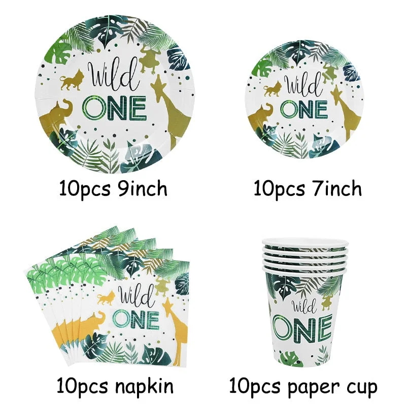 Wild One Disposable Party Tableware Safari Jungle Birthday Party Decoration Kids Disposable Paper Plate Cup Baby Shower Supplies
