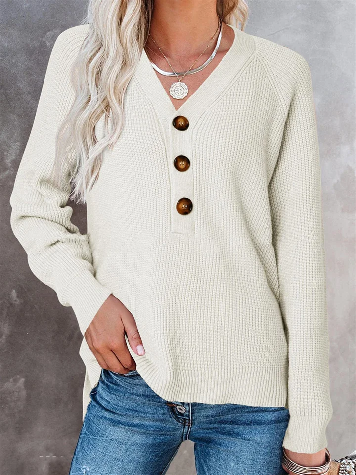 Temperament Commuter Solid Color V-Neck Button Knitted Sweater-Hoverseek