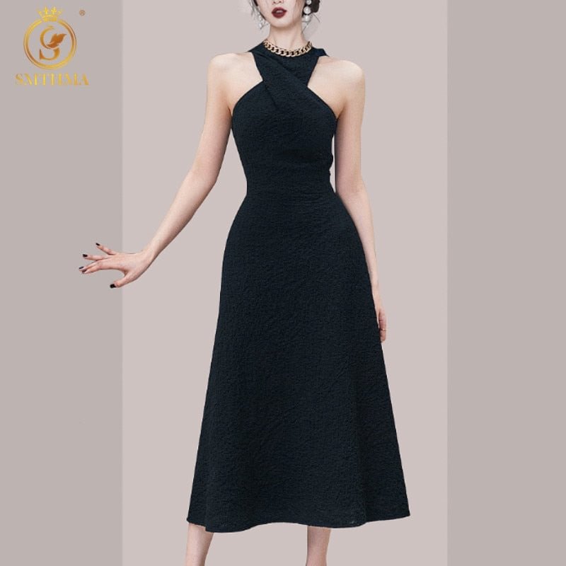SMTHMA New Fashion Black Temperament Elegant Summer Dress For Female O-Neck Sleeveless High Waist Party Dresses Women Clothes