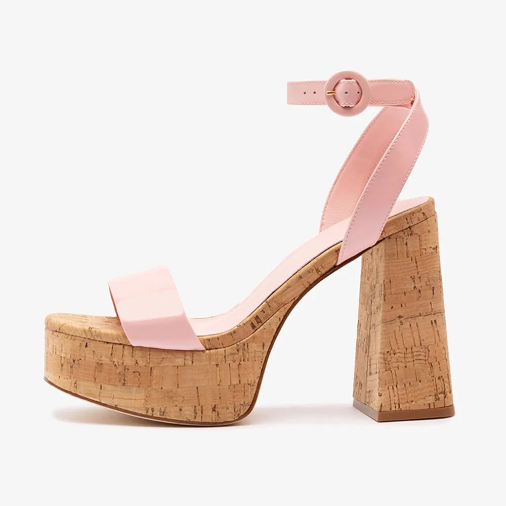 Patent Leather Round Toe Chunky Heel Wide Strap Platform Pink Sandals