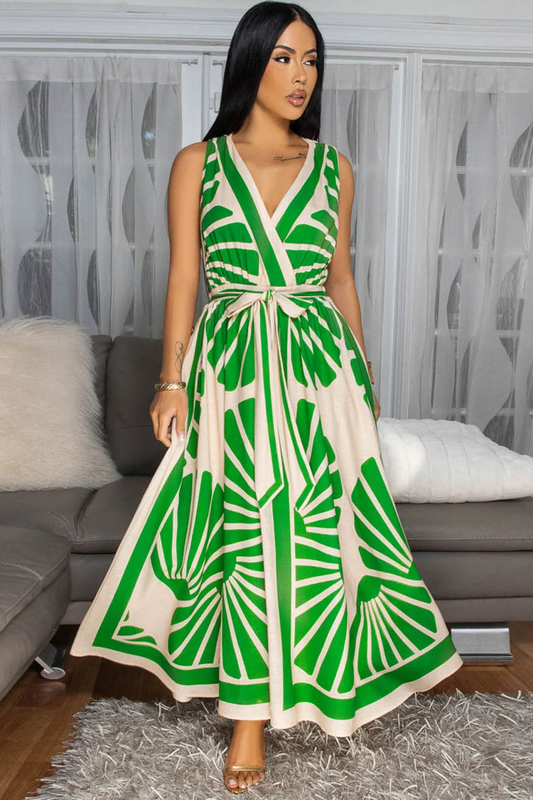 Overlap V Neck Print Cross Back Vacation Maxi Dresses-Green