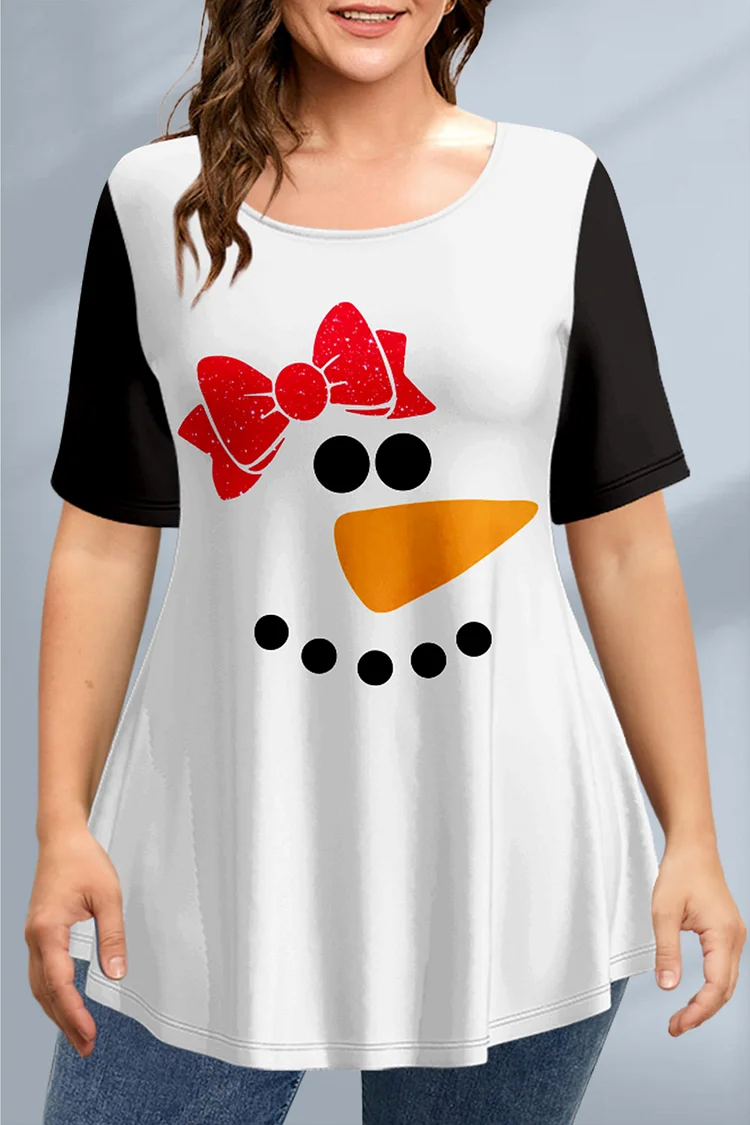 Flycurvy Plus Size Christmas White Snowman Bow Print Short Sleeve T-Shirt  Flycurvy [product_label]