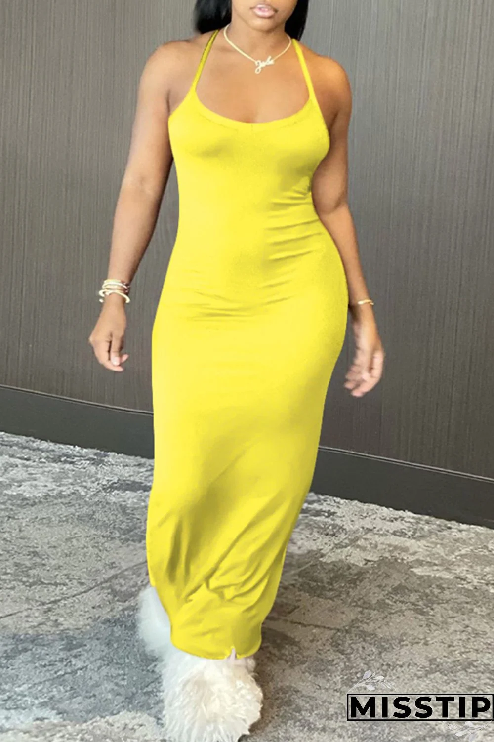 Yellow Sexy Casual Solid Backless Spaghetti Strap Sleeveless Dress