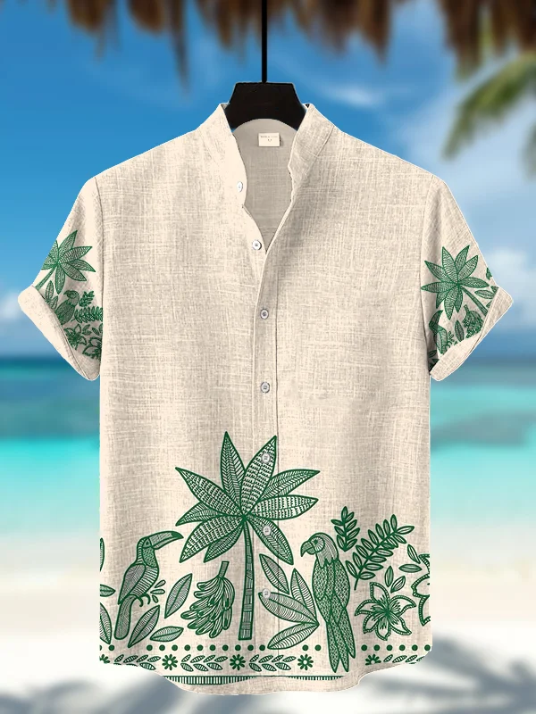 Men's Vacation Tropical Plant Bird Print Short Sleeve Shirt