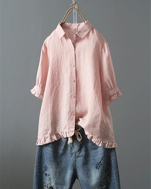 Lace Button Turn Down Collar Solid Color Shirt