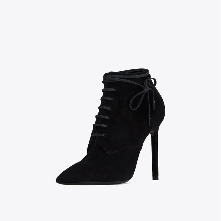 Black Lace Up Boots Pointy Toe Stiletto Heels Vegan Suede Ankle Boots |FSJ Shoes