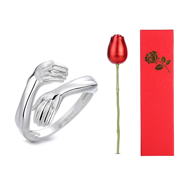 Valentine's Day Gift Couple Hug Ring with Rose Jewelry Box