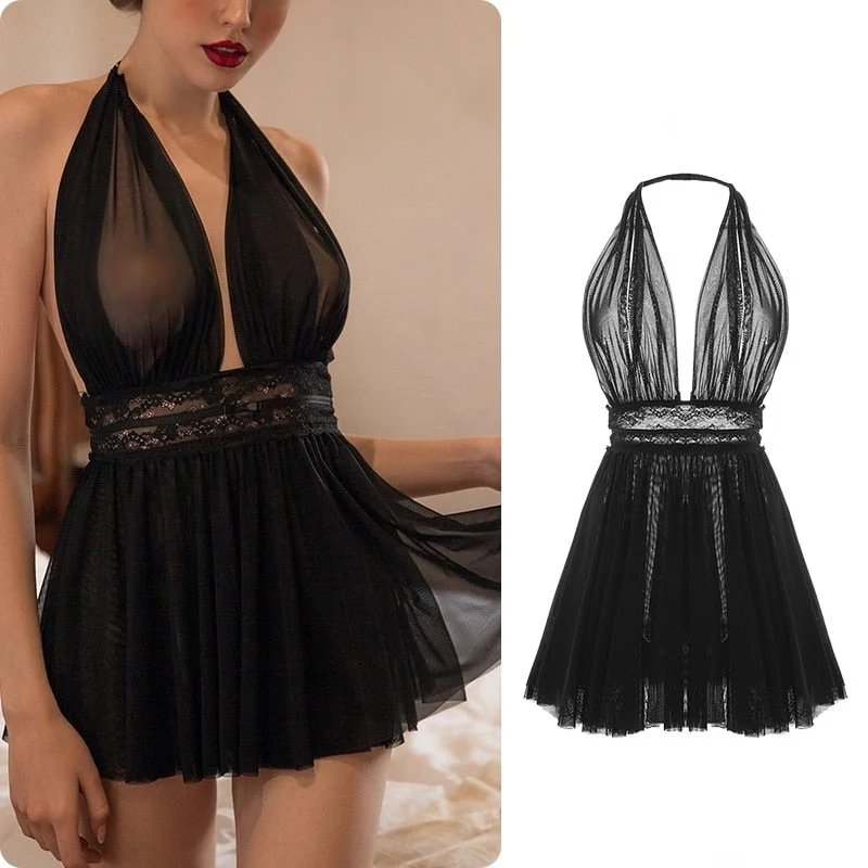 Backless Tulle Nightdress Lace Halter Neck Mesh Underwear Nighty for Ladies Night Dress Sleepwear Women Sexy Lingerie Nightwear