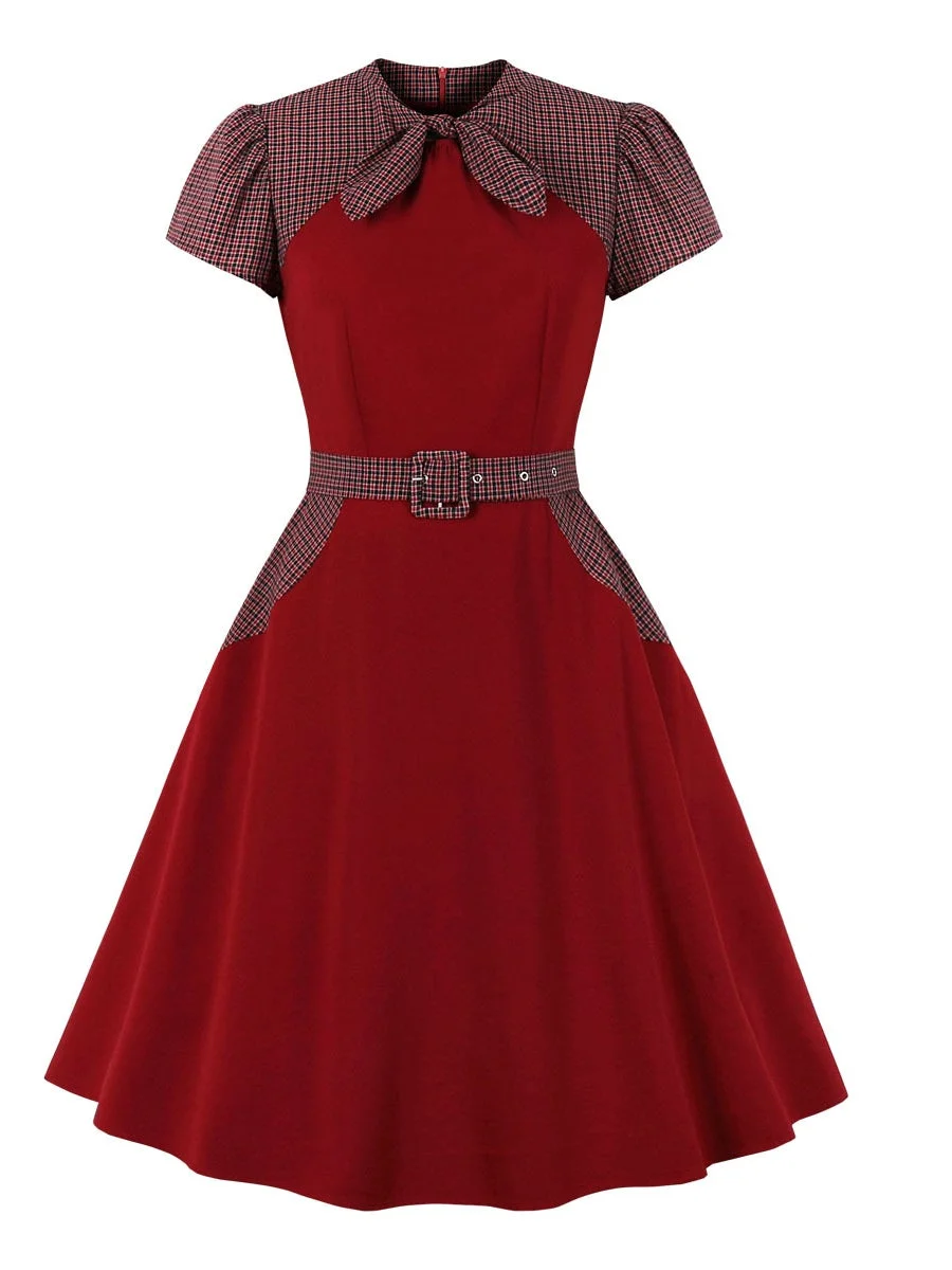 Women's Plaid Dress O-Neck Bowknot Colorblock Belted Vintage Swing Dresses