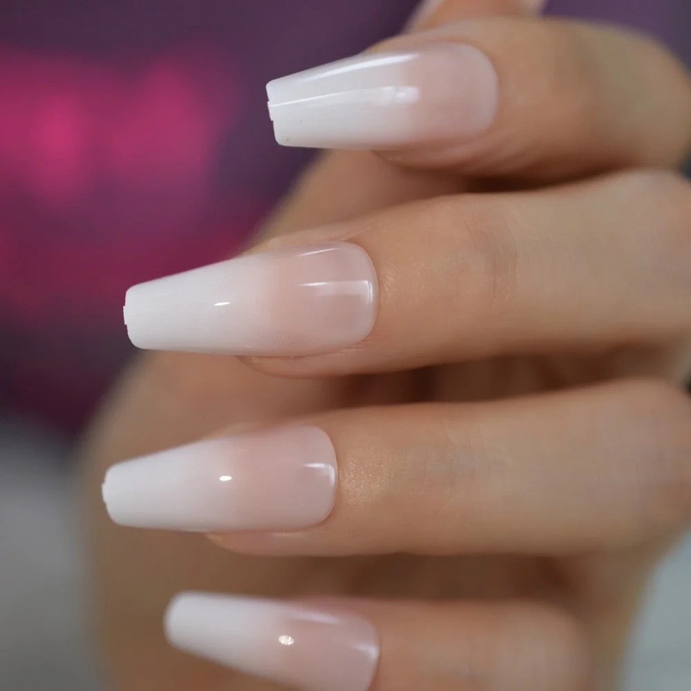 Glossy Ombre Pink Nude White French Ballerina Coffin False Nail Gradient Natural Press on Ballet Fake Nails Tips Reusable Wear