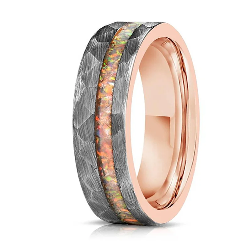 6MM Hammered Rose Gold Rings Pieces of Opal Tungsten Carbide Rings For Mens And Womens
