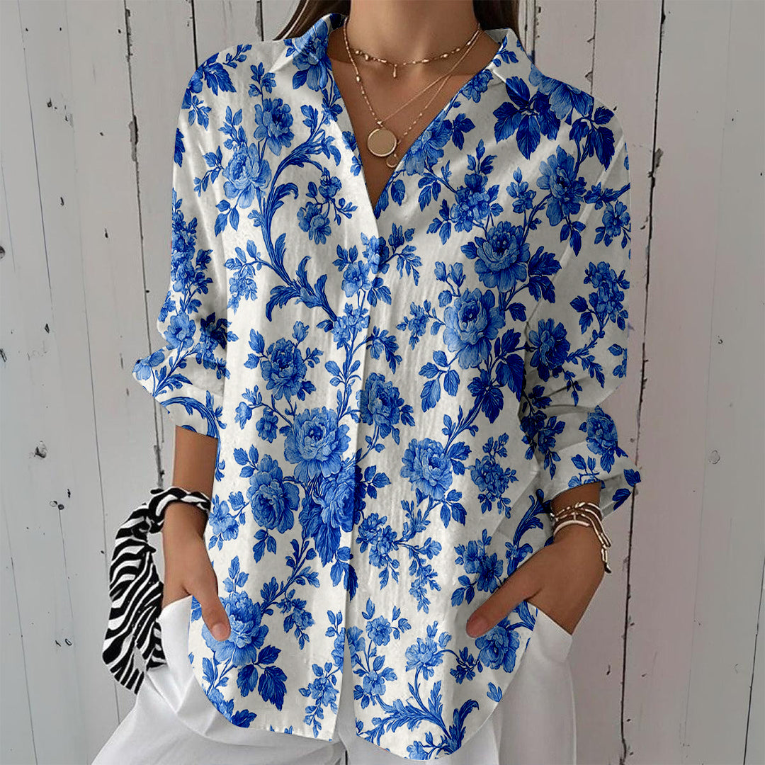Women Long Sleeve V-neck Graphic Floral Printed Top