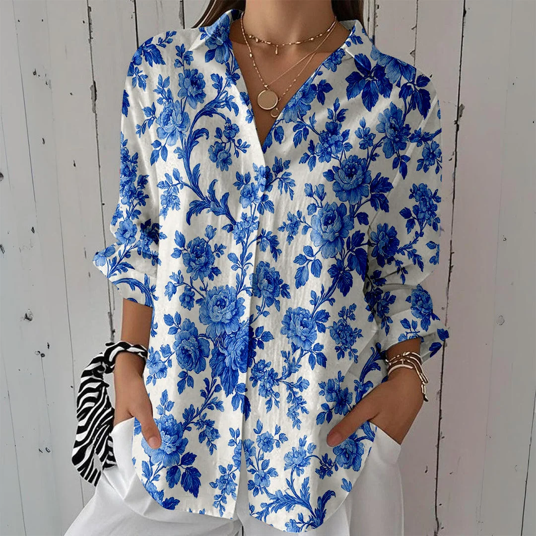 Style & Comfort for Mature Women Women Tropical, Blue DZCL0105 3/4 Sleeve Shirt Collar Printed Button Tops