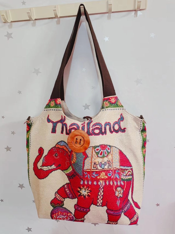 Women’s Large Canvas Elephant Ethnic Style Square Zipper Shoulder Bag