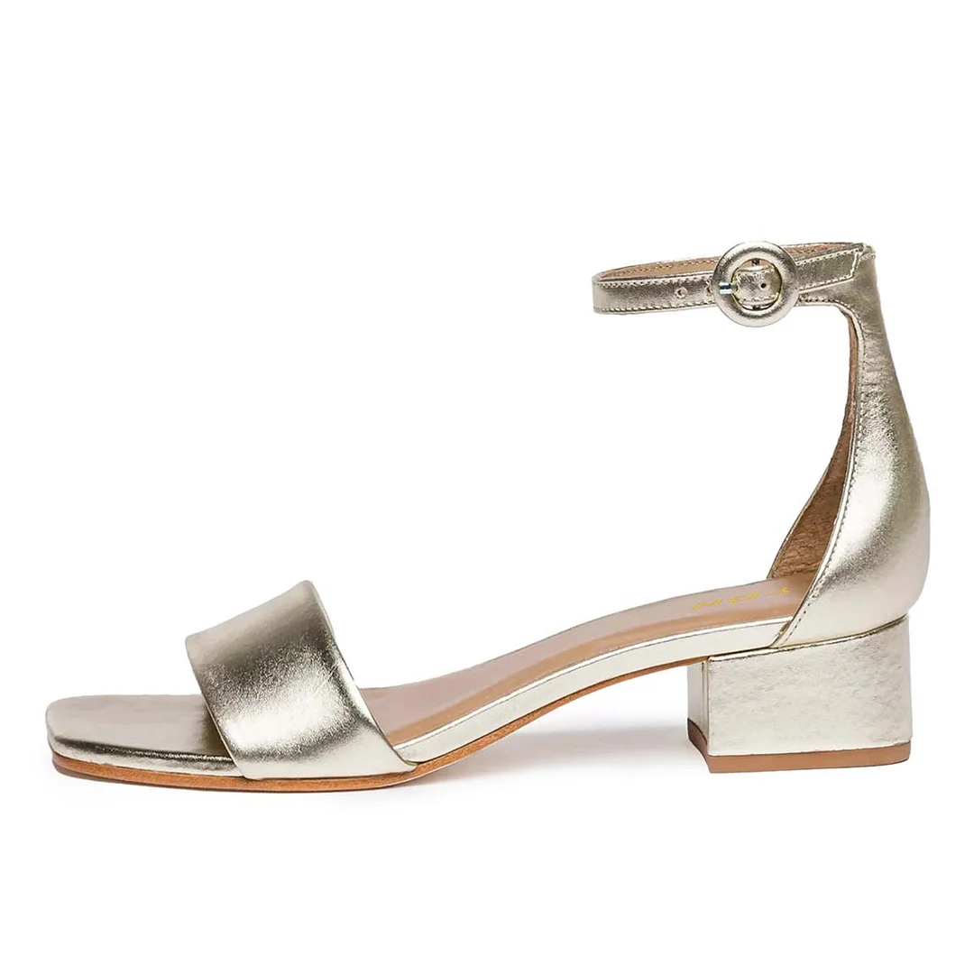 Champagne Metallic Finish Open Toe Ankle Strap Block Heel Sandals