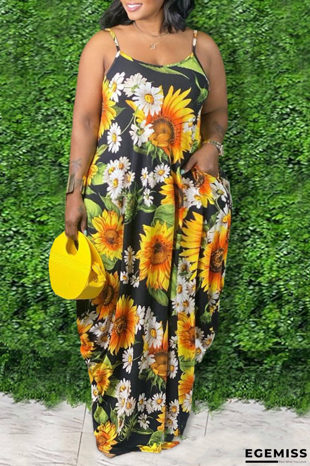 Yellow Sexy Print Patchwork Spaghetti Strap Straight Plus Size Dresses | EGEMISS