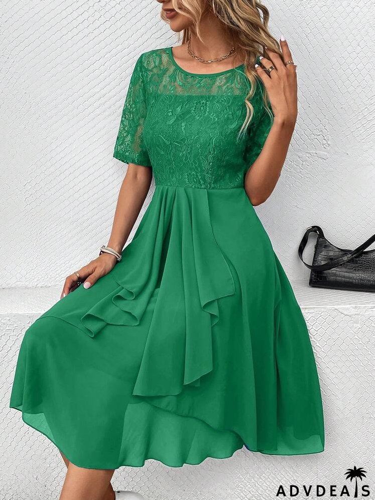 Contrast Lace Ruffle Trim Lace Bodice Dress