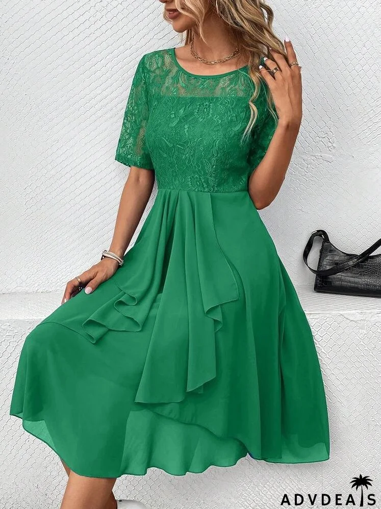 Contrast Lace Ruffle Trim Lace Bodice Dress