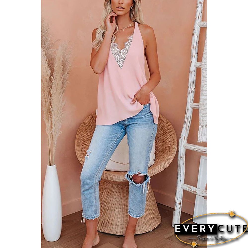 Pink V Neck Lace Detail Open Back Tank Top