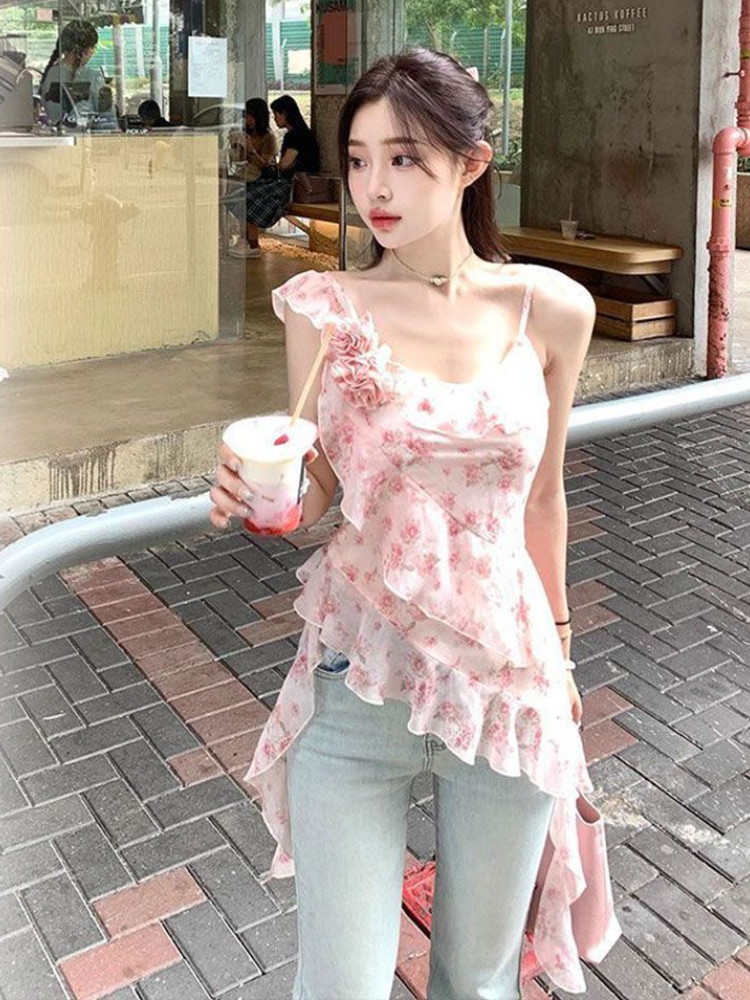 Gamestracks Y2K Aesthetic Ruffled T-Shirt – Summer One Shoulder Harajuku Top for Women  