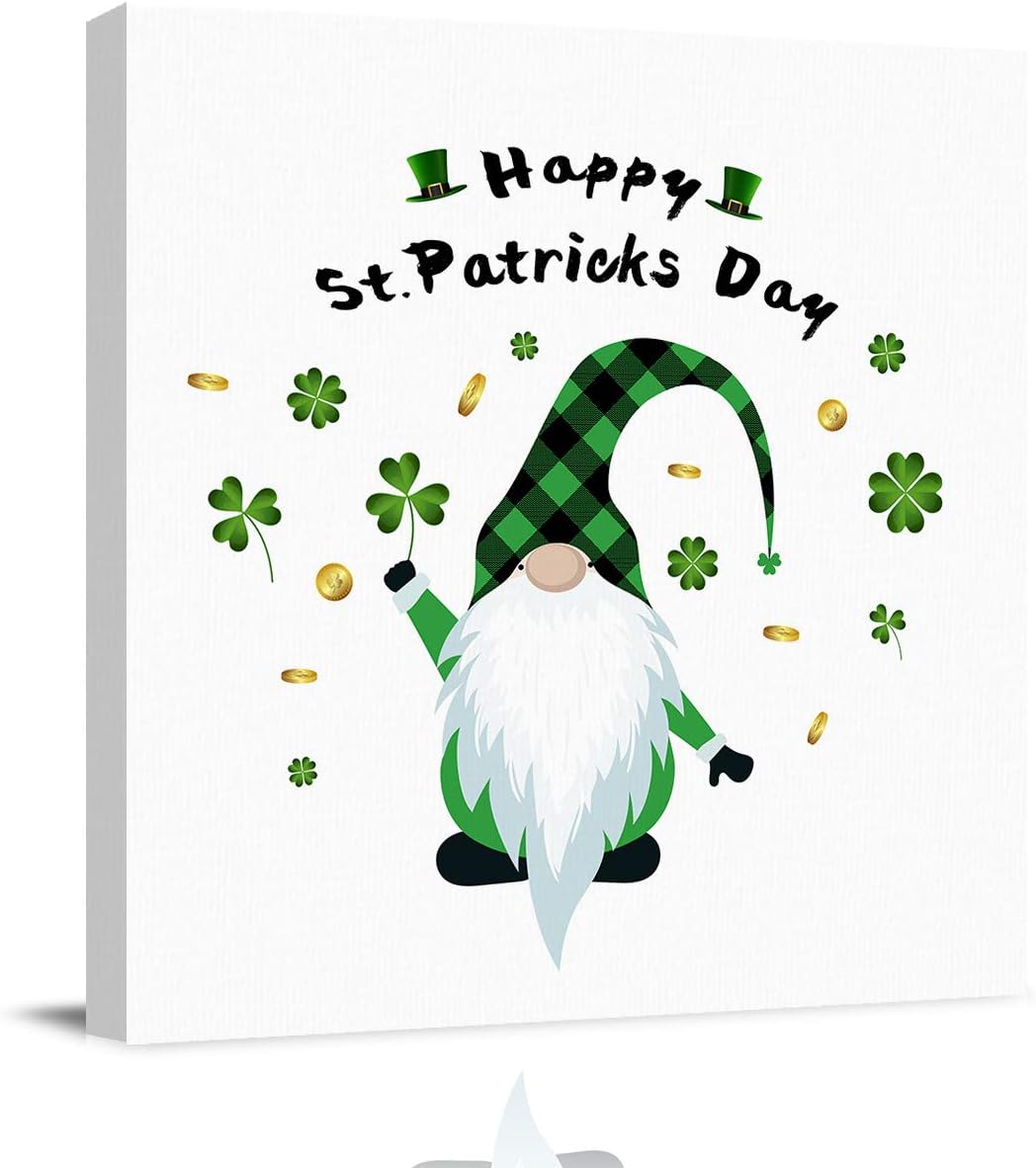 Canvas Wall Art for Living Room Happy St Patricks Day Clover Dwarf Gold White Picture Framed Wall Decor Picture Painting Prints for Holiday Bedroom Bathroom Framhouse Office Home Decoration, 28 inch x28 inch  28 x 28 in