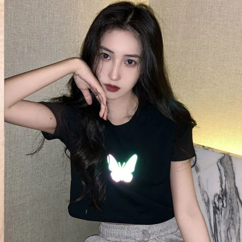 T-shirts Women Hot Sale Butterfly Print Ulzzang Unisex Couple Crop Top Summer Streetwear Chic Ins Fashion Teenager Plus Size 2XL