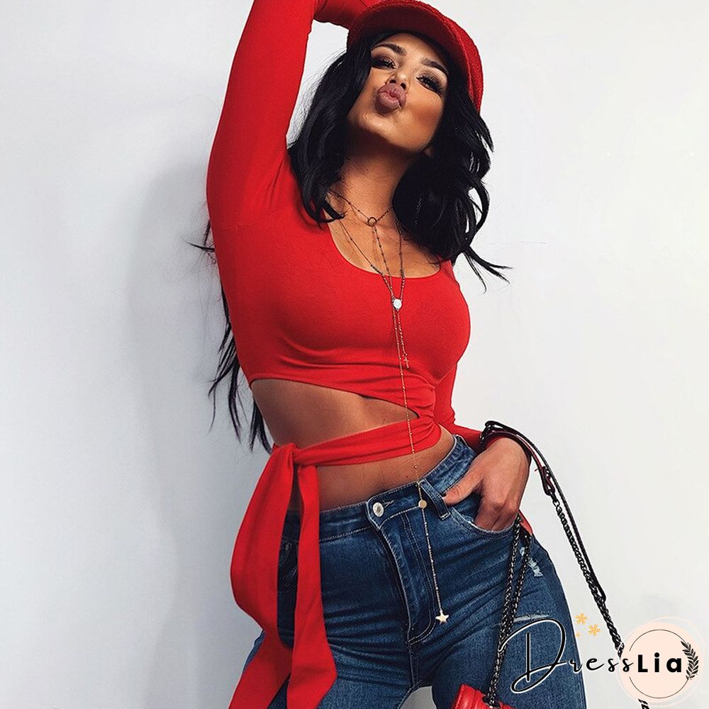 Sexy Crop Woman Tshirts Fashion Slim Long Sleeeve Lace Up Top Spring Summer Casual Korean Solid Square Collar Women Clothing