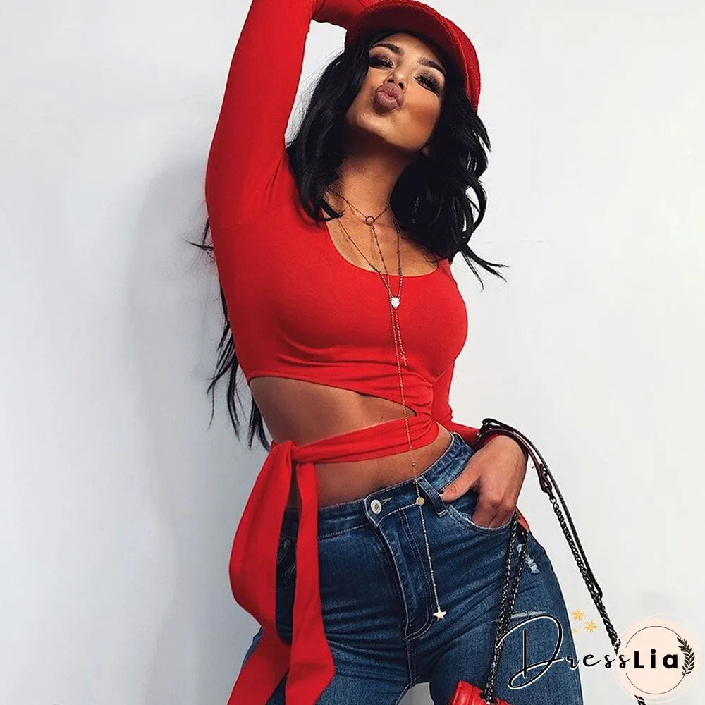 Sexy Crop Woman Tshirts Fashion Slim Long Sleeeve Lace Up Top Spring Summer Casual Korean Solid Square Collar Women Clothing