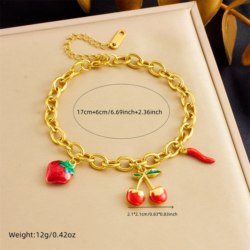 Sweet Forest Cherry Love Lock Pendant Female Ins All-Match Stainless Steel Gold-Plated Bracelet Summer Jewelry