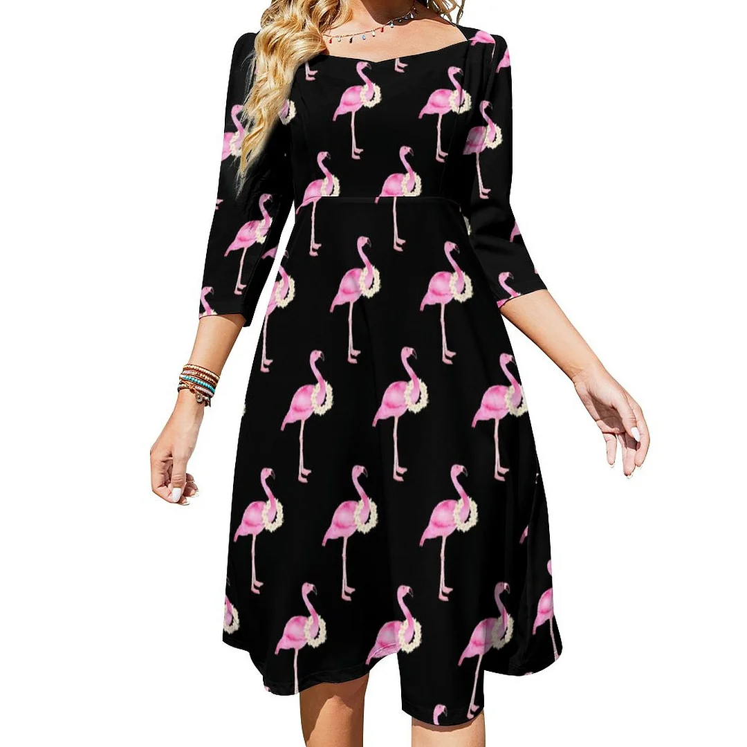 Tropical Pink Flamingo Pattern White Floral Wreath Dress Sweetheart Tie Back Flared 3/4 Sleeve Midi Dresses