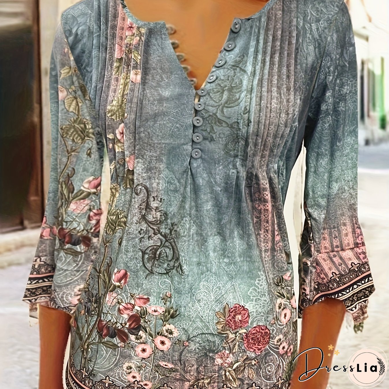 Floral Print Pleated Button Front T-Shirt, Casual Ruffle Sleeve T-Shirt For Spring & Summer, Women's Clothing