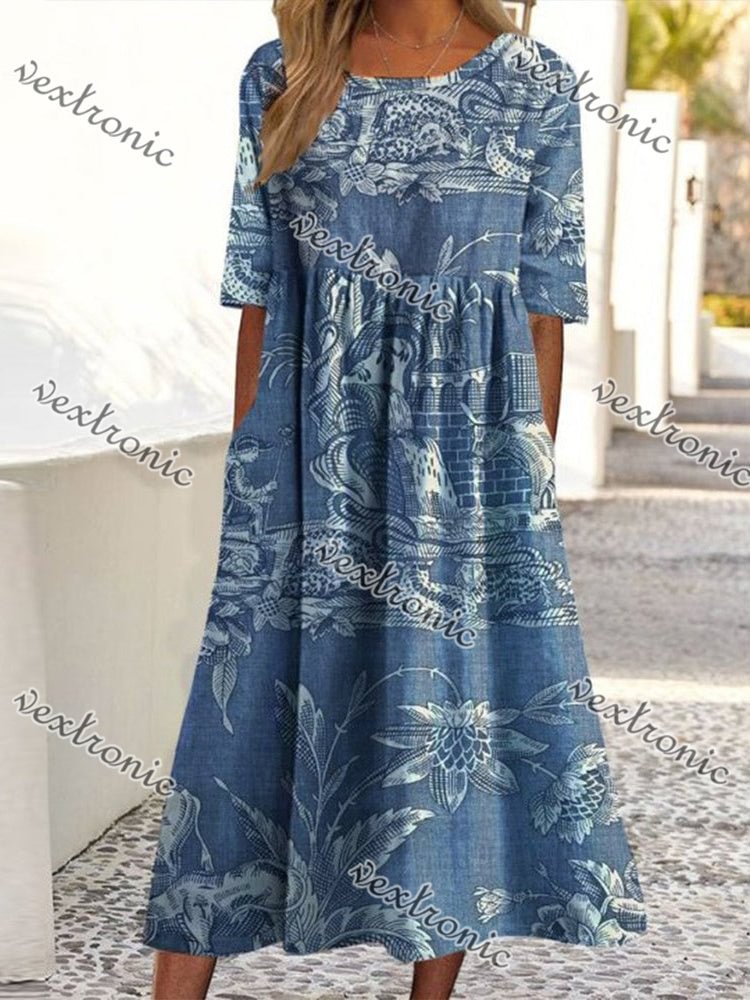 Women's Blue Scoop Neck Short Sleeve Floral Printed Midi Dress