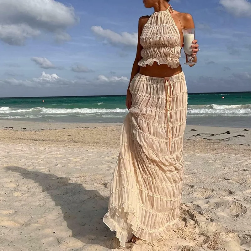 Women Boho Sexy Backless Matching Suit 2 Piece Beach Holiday Outfits Vintage Ruched Halter Cami Tops + Maxi Long Skirt Party Set