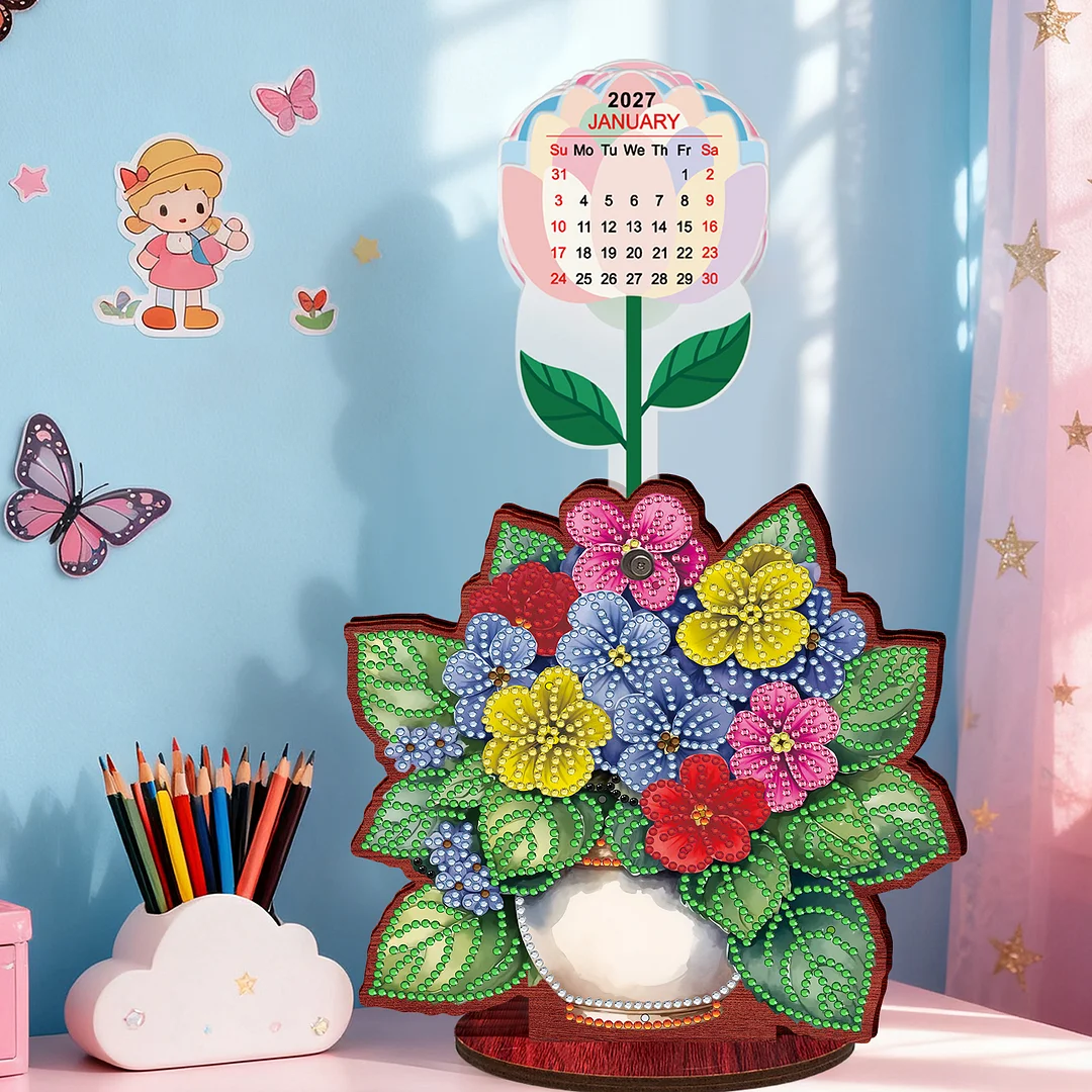 2026 Calendar DIY Diamond Art Kit Flower Pot Wooden Diamond Painting Calendar
