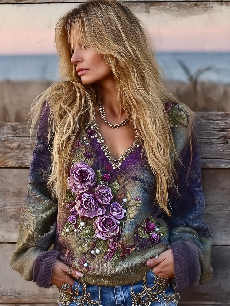 Women's Loose Lazy-Style V-Neck Pullover Sweater-1017