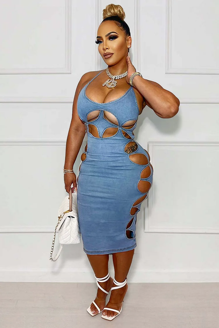 Cut Out Party Bodycon Denim Mini Slip Dresses-Blue
