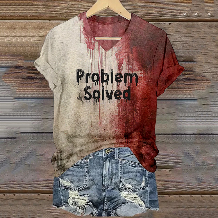 Comstylish Women's Bloody Problem Solved Halloween Print V-Neck T-Shirt